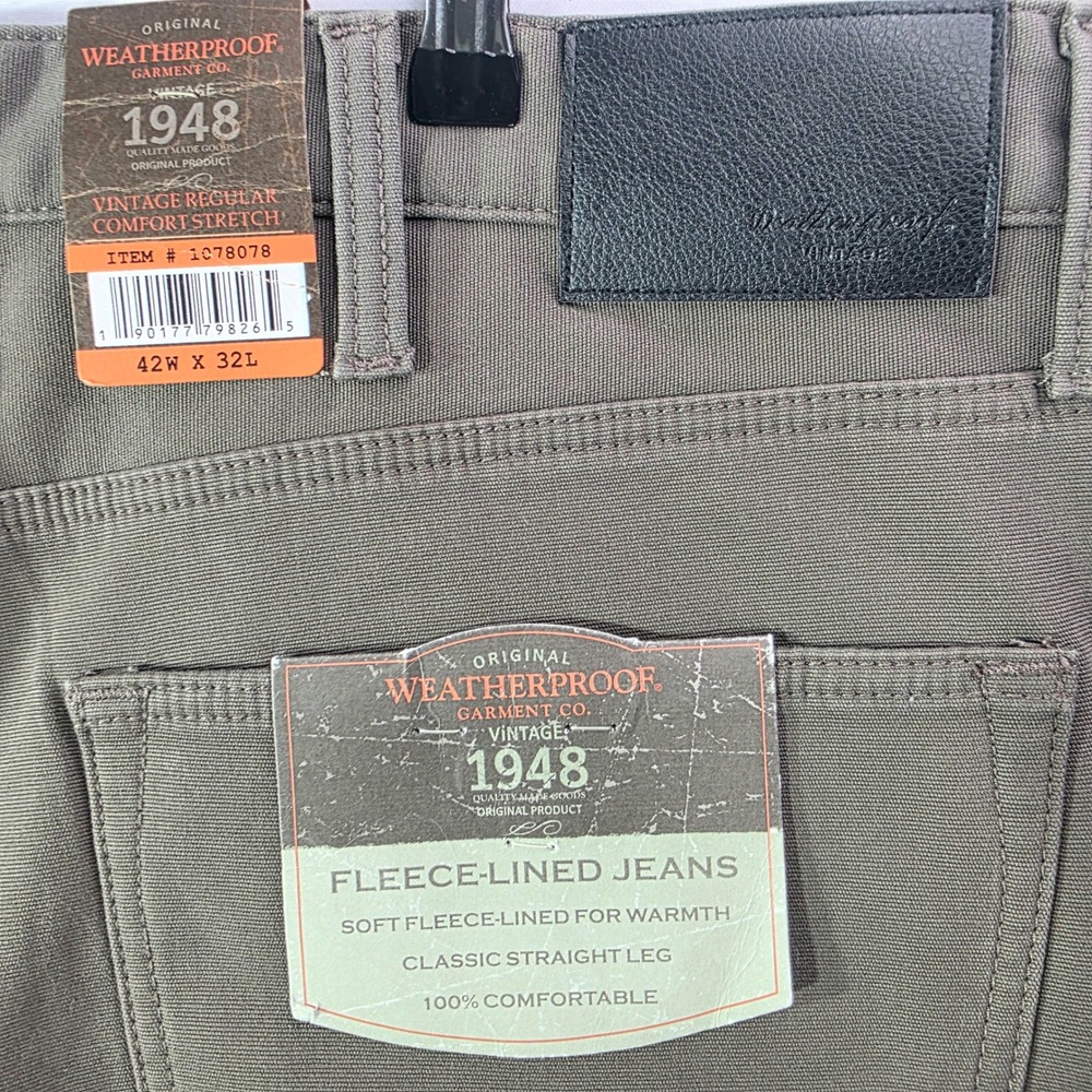 Weatherproof Vintage Fleece Lined Pants Mens 42x32 Taupe Canvas Regular Fit NEW